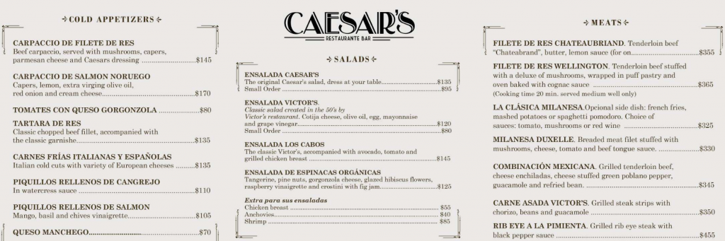 меню  ресторана цезарь с салатом цезарь