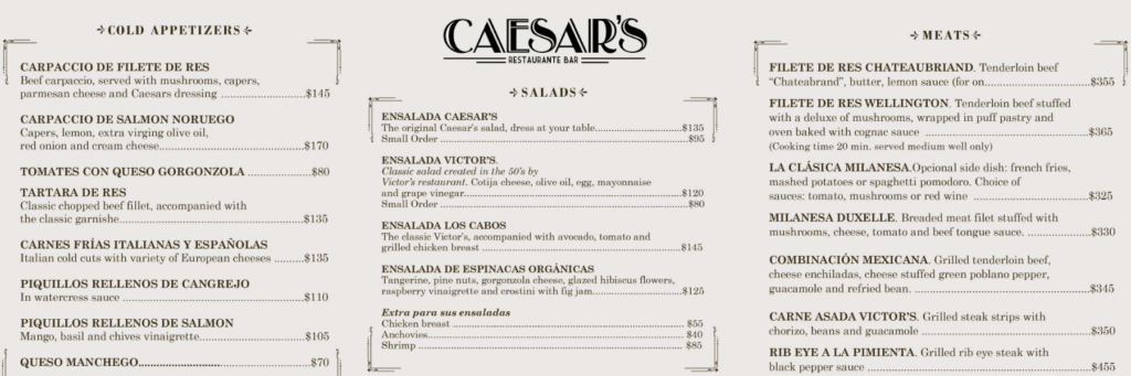  Меню ресторана Caesar's