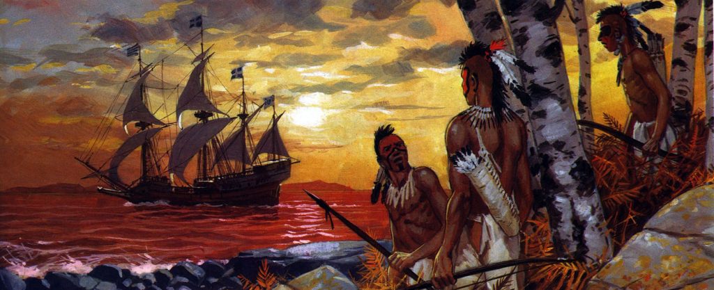 Индейцы Америки видят корабль испанцев