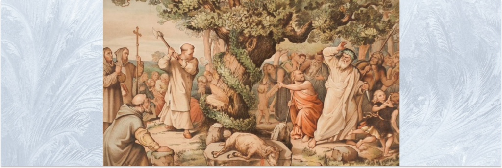 Картина, показывающая как святой Бонифаций обратил в свою веру древних германцев