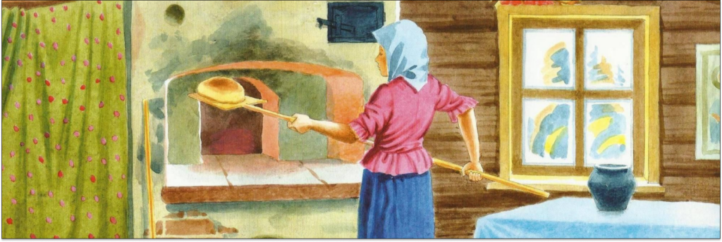 Женщина печет хлеб в избе