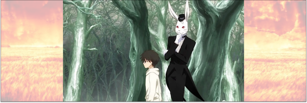 Вот этот белый кролик — это демон Лапласа из аниме. Скорее всего, отсылка здесь идёт и к Белому Кролику из «Алисы в стране чудес». 