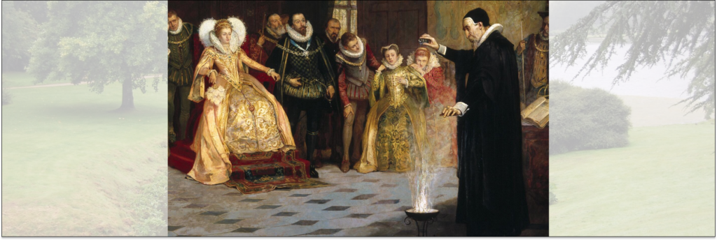 Джон Ди показывает некий эксперимент перед Елизаветой I. 